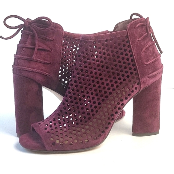 Gianni Bini Klaytinn Burgundy Perf Suede Leather Open Toe Block Heel Boo… - Picture 1 of 16